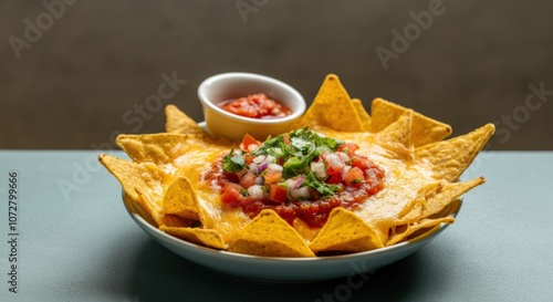 Nachos with cheese and salsa in a white bowl