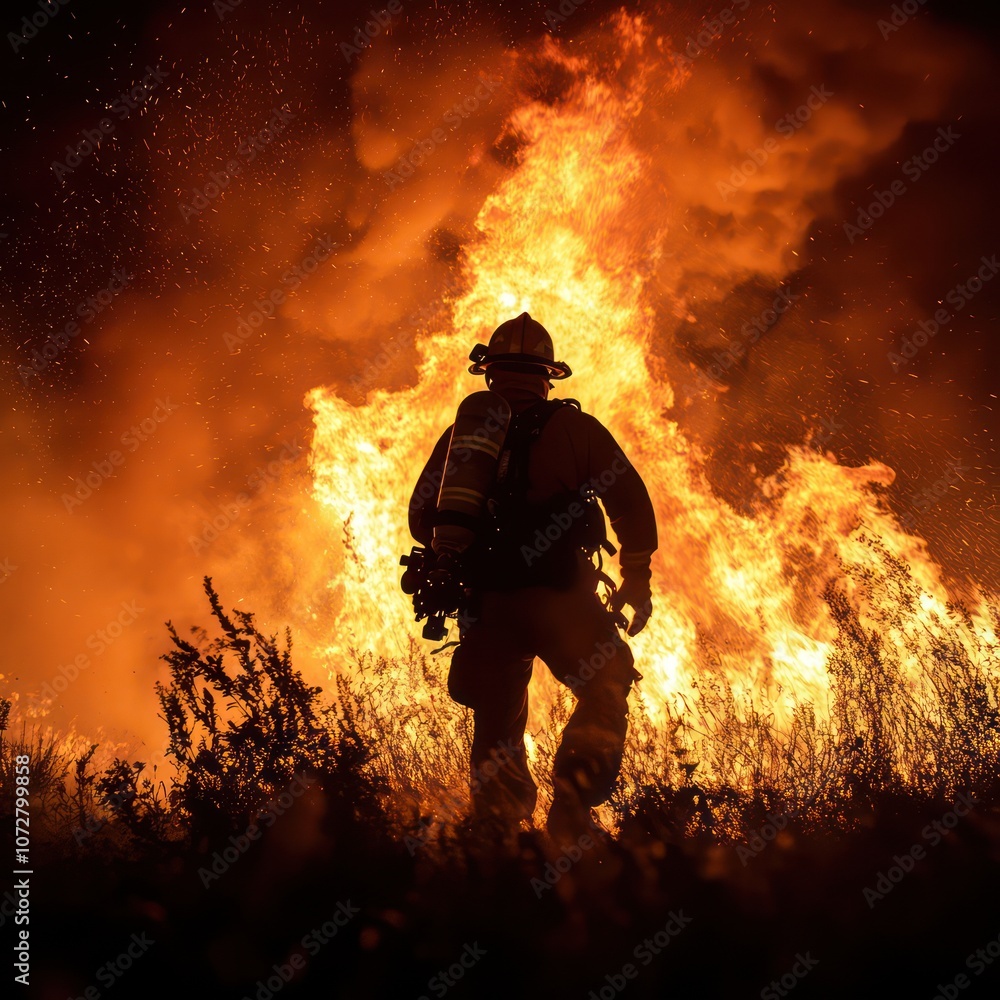 A firefighter is doing his job putting out a raging fire A firefighter is doing his job putting out a raging fire