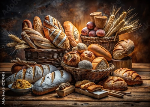 Panoramic Collection of Artisan Bread Products Captured in Long Exposure for a Deliciously Inviting Bakery Display