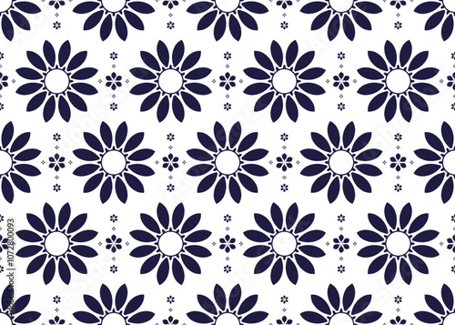 dark blue symbol lotus blooming on White background, ethnic fabric seamless pattern, design for cloth, carpet, batik, wallpaper, wrapping etc.