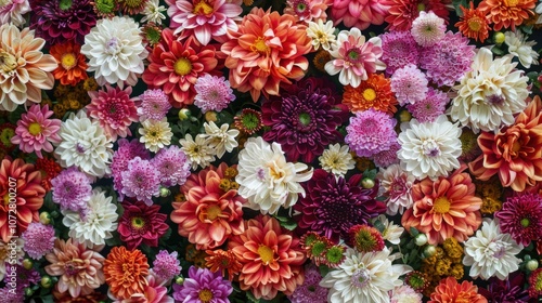 Colorful floral wall background with stunning red, orange, pink, purple, green and white chrysanthemums.