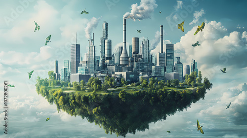 Concept of an utopia metropolis built around a powerplant. eco-friendly futuristic clean city producing renewable energy. generative ai illustration. Utopia. Illustration