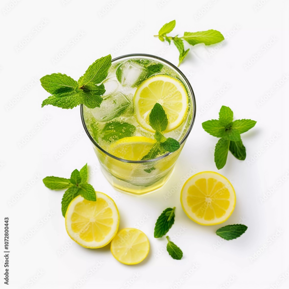 A refreshing glass of lemonade garnished with mint leaves and lemon slices, surrounded by fresh ingredients. A refreshing glass of lemonade garnished with mint leaves and lemon slices, surrounded by fresh ingredients.