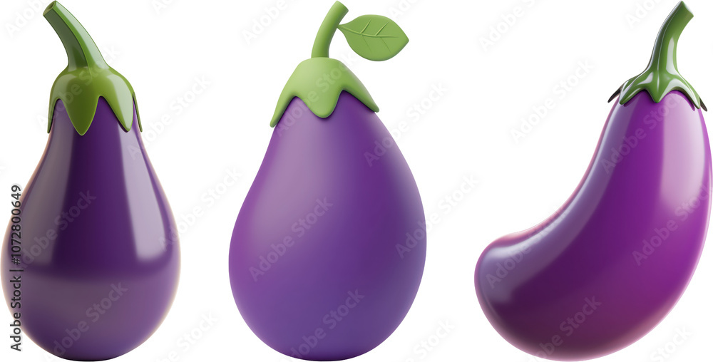 Set of Eggplant 3D cartoon png on transparent background , cut out Set of Eggplant 3D cartoon png on transparent background , cut out