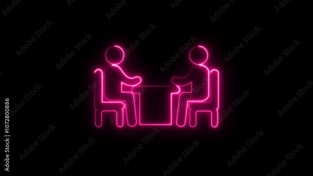 Neon icon of a Business Meeting with Two Figures at a Table. the people are talking at the table, or to work in concert. School or kitchen table. Workman talk to boss. Business lunch, meeting, commun Neon icon of a Business Meeting with Two Figures at a Table. the people are talking at the table, or to work in concert. School or kitchen table. Workman talk to boss. Business lunch, meeting, commun