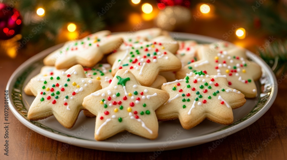 Star-Shaped Sugar Cookies with Colorful Sprinkles on a Plate Star-Shaped Sugar Cookies with Colorful Sprinkles on a Plate