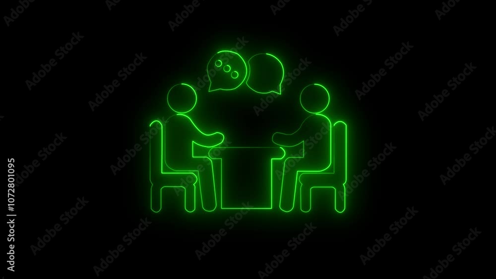 Neon icon of a Business Meeting with Two Figures at a Table. the people are talking at the table, or to work in concert. School or kitchen table. Workman talk to boss. Business lunch, meeting, commun Neon icon of a Business Meeting with Two Figures at a Table. the people are talking at the table, or to work in concert. School or kitchen table. Workman talk to boss. Business lunch, meeting, commun