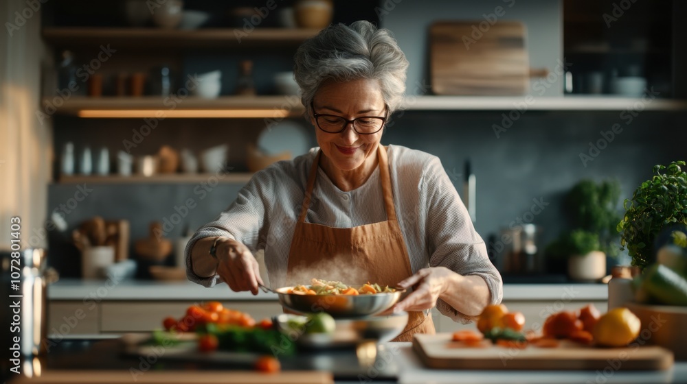 Senior Woman in Modern Kitchen Using AI Technology Senior Woman in Modern Kitchen Using AI Technology