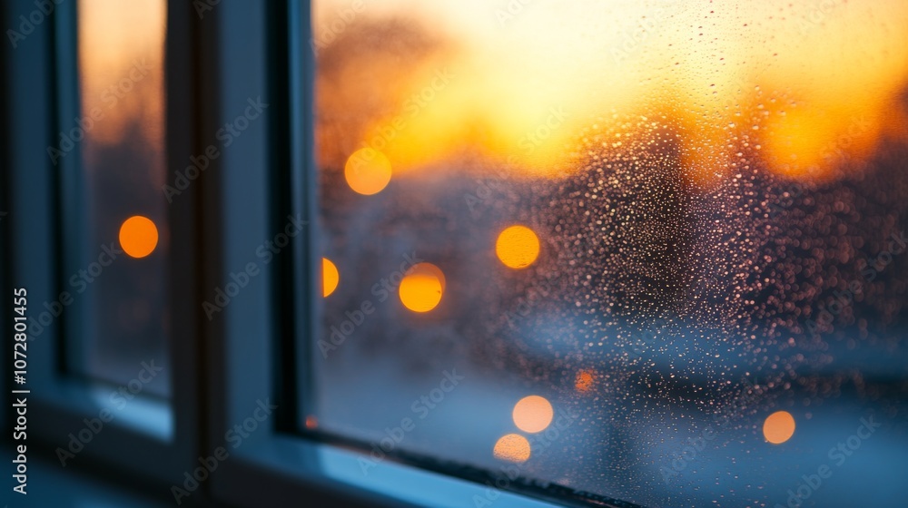 Blurry Sunset View Through a Rain-Streaked Window Blurry Sunset View Through a Rain-Streaked Window