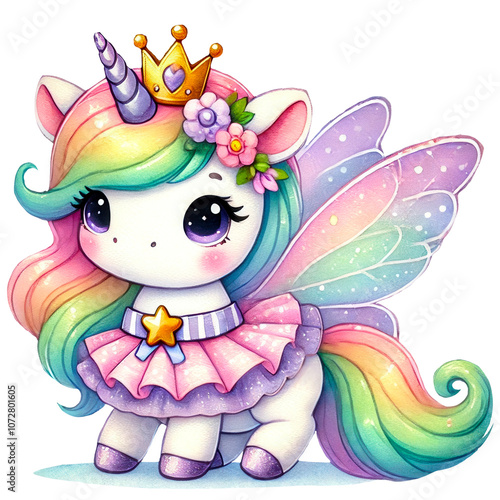 Rainbow Fairy Unicorn Illustrations, Ballet illustrations featuring rainbow-colored unicorns with wings, crowns, and flowers. Perfect for fantasy and children's designs
