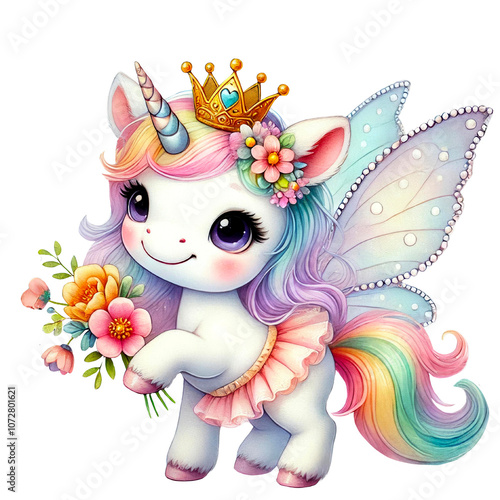 Rainbow Fairy Unicorn Illustrations, A charming set of illustrations featuring rainbow-colored unicorns with wings, crowns, and flowers. Perfect for fantasy and children's designs

