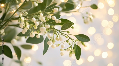 White Berries and Green Leaves with Blurred Golden Lights in the Background