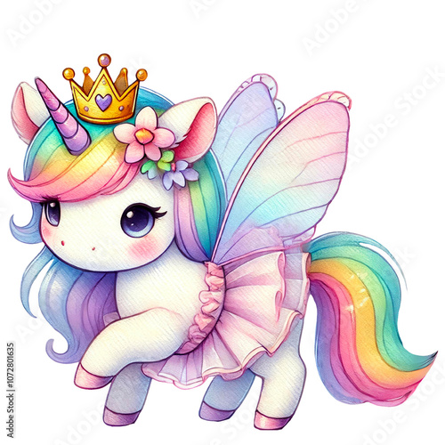 Rainbow Fairy Unicorn Illustrations Collection, A charming set of illustrations featuring rainbow-colored unicorns with wings, crowns, and flowers. Perfect for fantasy and children's designs
