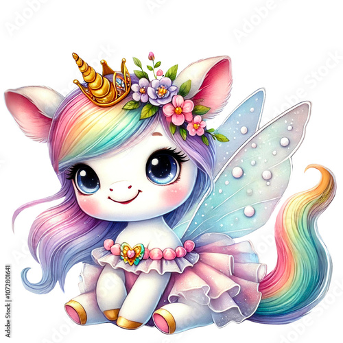 Rainbow Fairy Unicorn Illustrations Collection, A charming set of illustrations featuring rainbow-colored unicorns with wings, crowns, and flowers. Perfect for fantasy and children's designs
