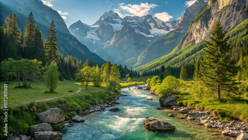 Lush green valley surrounded by towering mountains