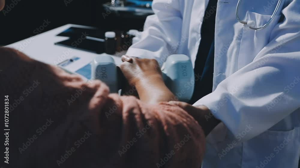 Asian woman physiotherapist oversees the patient’s exercise. Asian woman physiotherapist oversees the patient’s exercise.