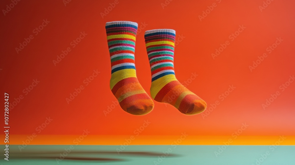 Brightly colored striped socks floating against a vivid orange background, celebrating National Sock Day. Brightly colored striped socks floating against a vivid orange background, celebrating National Sock Day.
