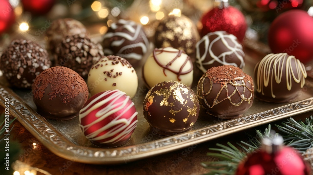 A Festive Arrangement of Gourmet Chocolate Truffles on a Silver Tray A Festive Arrangement of Gourmet Chocolate Truffles on a Silver Tray