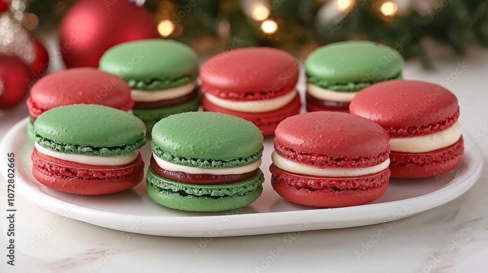 Fototapeta premium Red and Green Macarons on a White Plate with Christmas Decorations in the Background