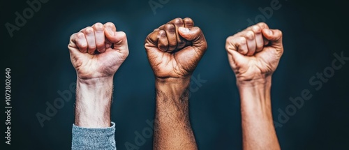 A diverse representation of unity and strength in raised fists against a dark background. photo