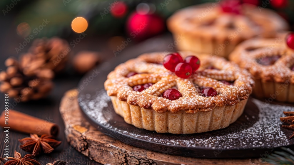Close up of three mini cranberry pies on a wooden table with festive decor. Close up of three mini cranberry pies on a wooden table with festive decor.