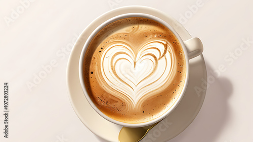 A Perfectly Crafted Cappuccino with Heart-Shaped Latte Art on a White Background, isolated background