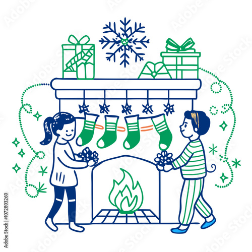 Christmas Fireplace Magic:  Two children in festive pajamas stand before a cozy fireplace, adorned with stockings and presents, creating a heartwarming scene of holiday cheer.