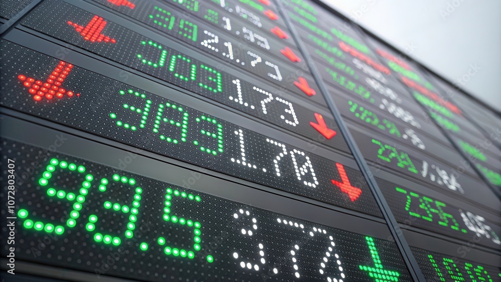 Digital Stock Market Ticker Displays Fluctuating Prices in Real-Time. Generative AI Digital Stock Market Ticker Displays Fluctuating Prices in Real-Time. Generative AI