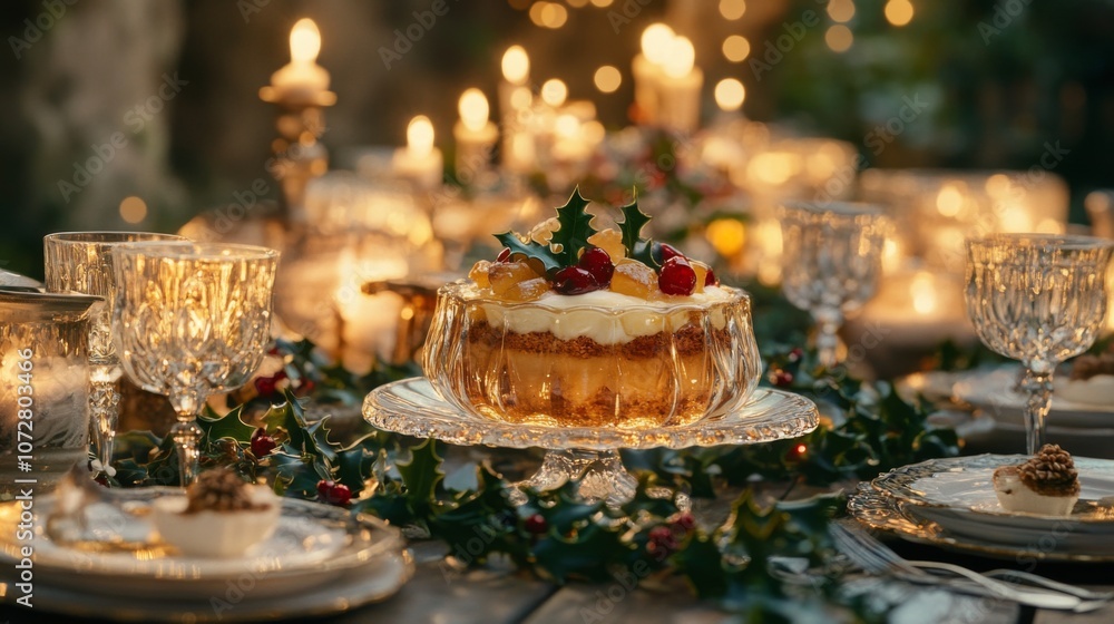 A Festive Dessert on a Christmas Table Setting A Festive Dessert on a Christmas Table Setting