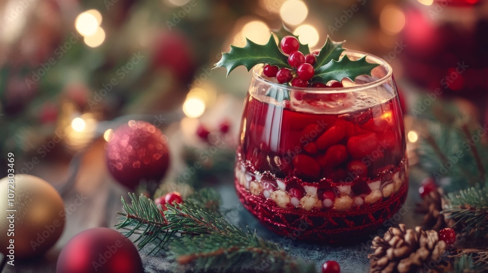 Festive Christmas Cranberry Drink with Holly Garnish Festive Christmas Cranberry Drink with Holly Garnish