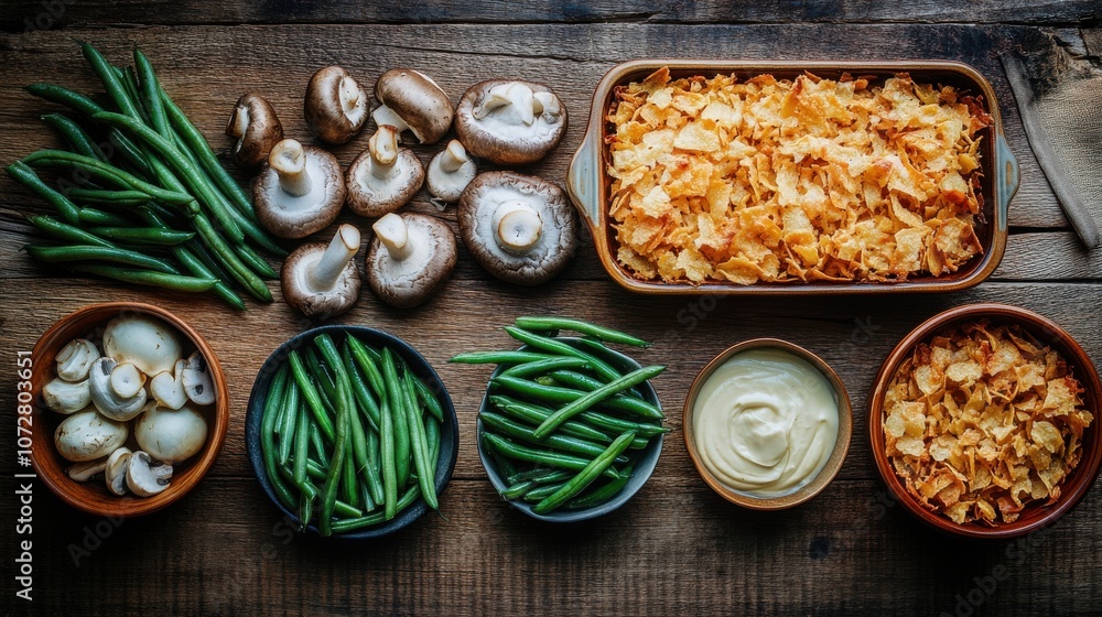 Ingredients for a classic green bean casserole arranged on a rustic wooden table, showcasing fresh green beans, mushrooms, crispy topping, and creamy sauce. Ingredients for a classic green bean casserole arranged on a rustic wooden table, showcasing fresh green beans, mushrooms, crispy topping, and creamy sauce.