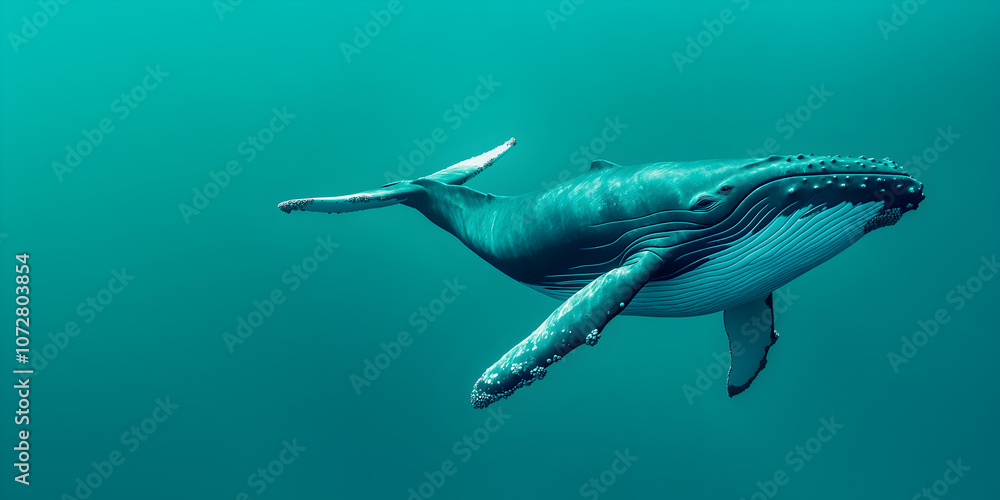 Naklejka premium A captivating whale icon on the right side, isolated on a panoramic teal background with generous copy space.