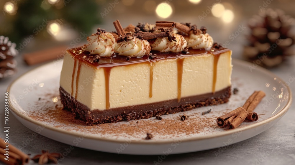 A slice of cheesecake topped with caramel, whipped cream, and cinnamon sticks. A slice of cheesecake topped with caramel, whipped cream, and cinnamon sticks.