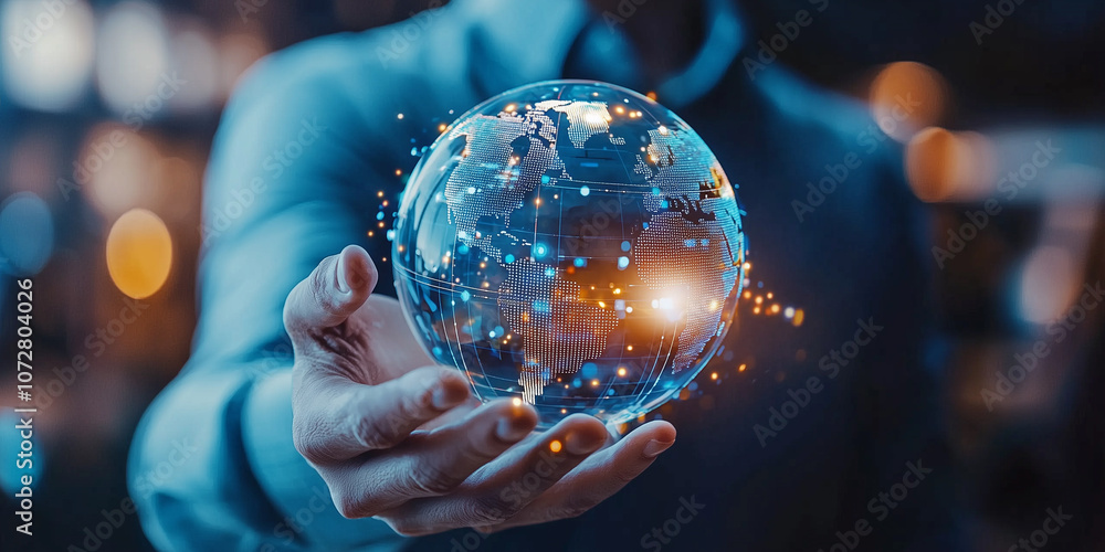 Fototapeta premium person holds glowing digital globe, symbolizing global connectivity and technology. image highlights integration of digital interfaces in economic policy and international communication