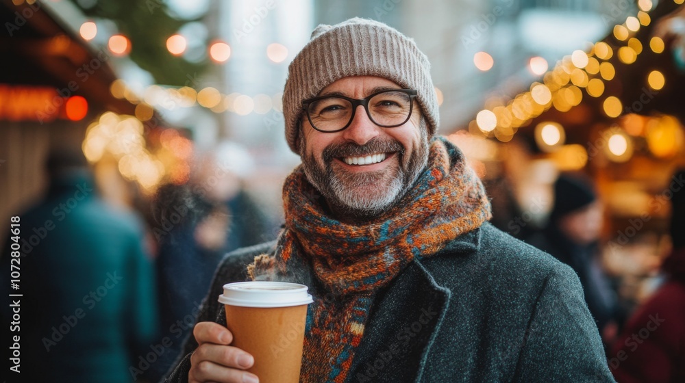 Smiling Man in a Knit Hat Holding a Cup of Coffee at a Christmas Market Smiling Man in a Knit Hat Holding a Cup of Coffee at a Christmas Market
