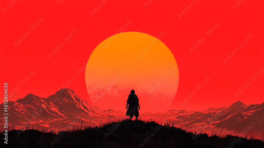 Fototapeta premium person stands on hill silhouetted against vibrant red sunset, with mountains in background, creating dramatic and serene landscape