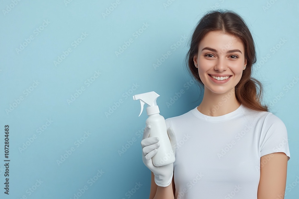 Smiling woman in gloves holds a cleaning spray bottle against a blue background ready for household cleaning tasks Smiling woman in gloves holds a cleaning spray bottle against a blue background ready for household cleaning tasks