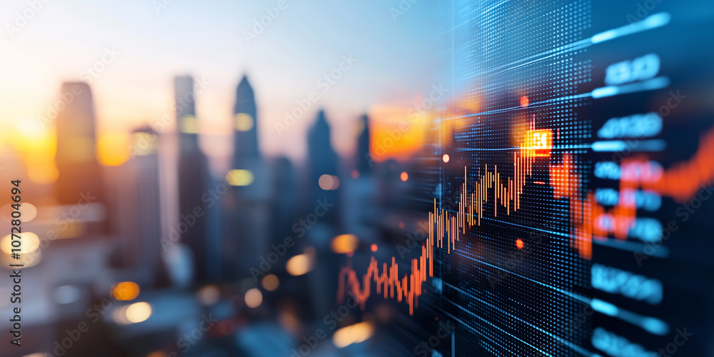 Fototapeta premium dynamic city skyline merges with financial data, reflecting economic growth and urban development. vibrant scene captures essence of modern business and technology