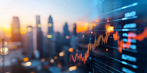 dynamic city skyline merges with financial data, reflecting economic growth and urban development. vibrant scene captures essence of modern business and technology