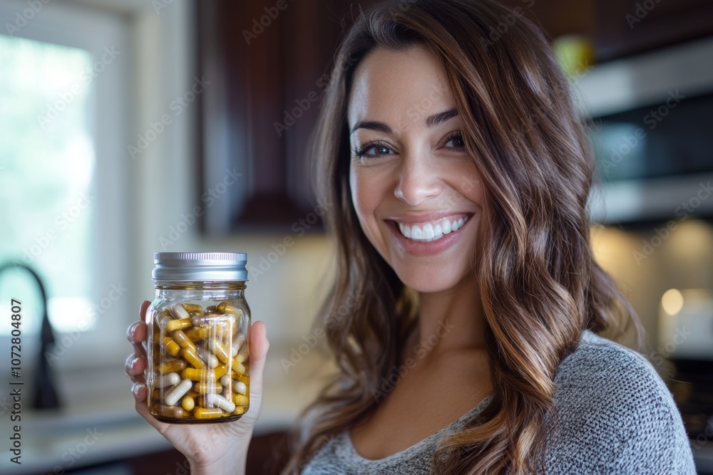 Smiling woman in a kitchen holding a jar of dietary supplements during daylight Smiling woman in a kitchen holding a jar of dietary supplements during daylight