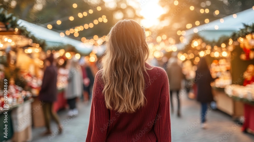 Naklejka premium Woman Walking Through a Christmas Market with Bokeh Lights