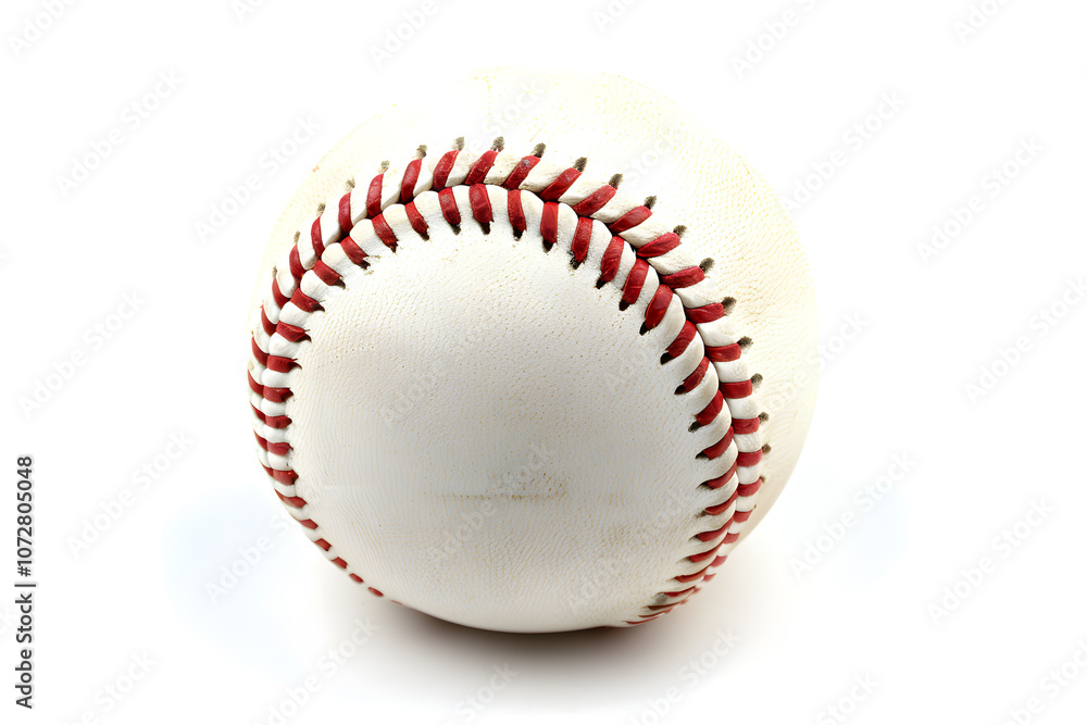 Close-up high quality white baseball with red stitching and rounded shape on white background Close-up high quality white baseball with red stitching and rounded shape on white background