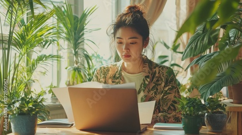 A determined woman in a bright coworking space reviewing documents with a serious expression her laptop open and surrounded by plants symbolizing dedication and focus in a dynamic environment