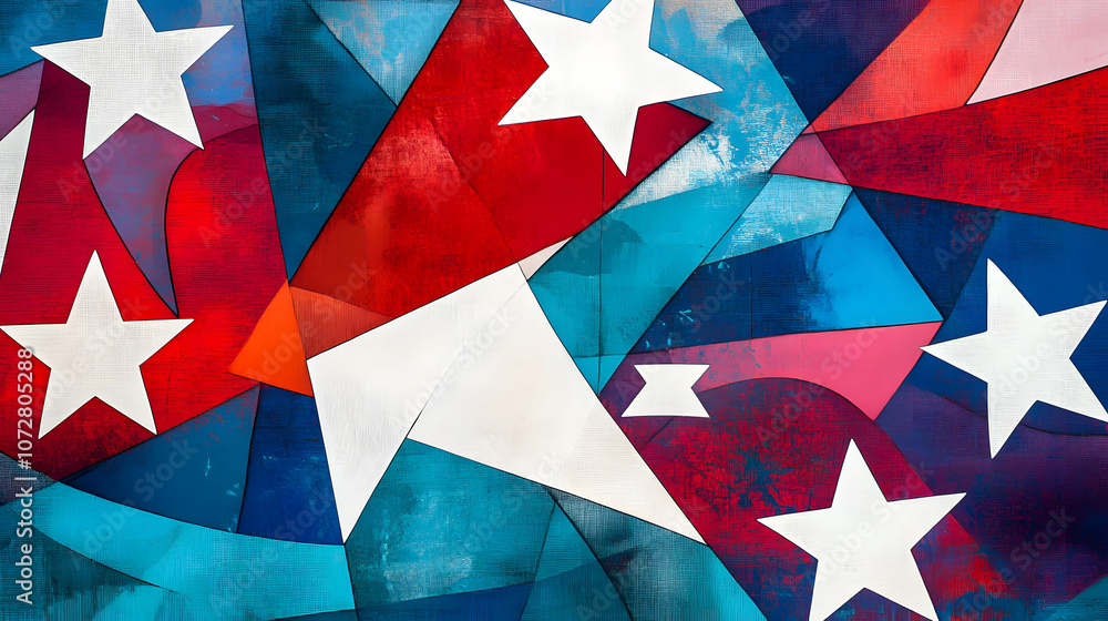 Abstract red and blue geometric shapes with white star motifs and artistic design. Abstract red and blue geometric shapes with white star motifs and artistic design.