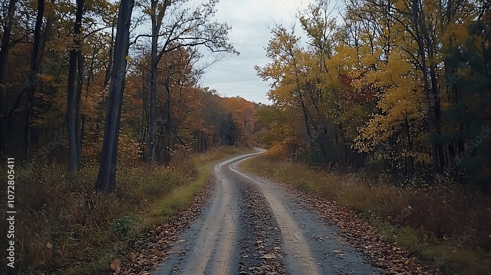 Fototapeta premium Winding Dirt Road Through Autumn Forest