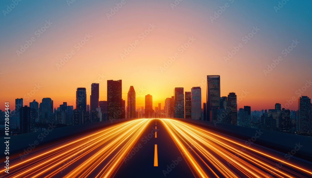 A vibrant sunset lights up a city skyline, with a long road leading towards the horizon, symbolizing journey and urban life. A vibrant sunset lights up a city skyline, with a long road leading towards the horizon, symbolizing journey and urban life.