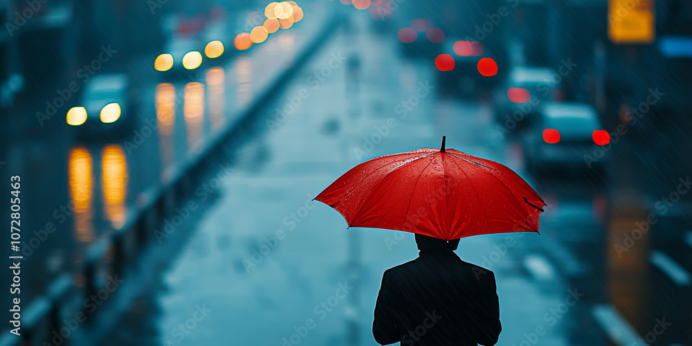 Obraz premium lone pedestrian with red umbrella walks down rainy street, surrounded by blurred city lights and wet pavement, creating moody urban scene