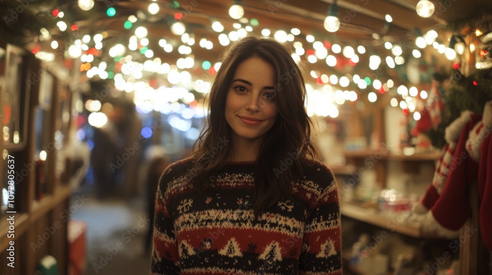 Fototapeta premium Woman in Festive Sweater Under Christmas Lights