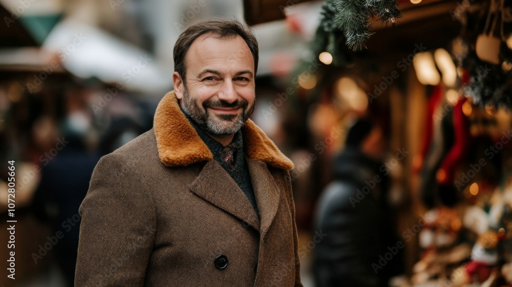 A Smiling Man Wearing a Brown Coat with Fur Trim at a Christmas Market A Smiling Man Wearing a Brown Coat with Fur Trim at a Christmas Market