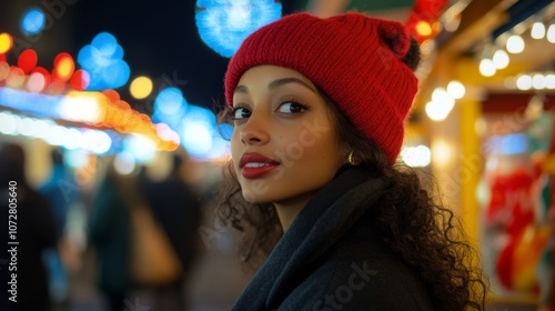 Woman in Red Knit Hat Looking Away From Camera in a Festive Setting